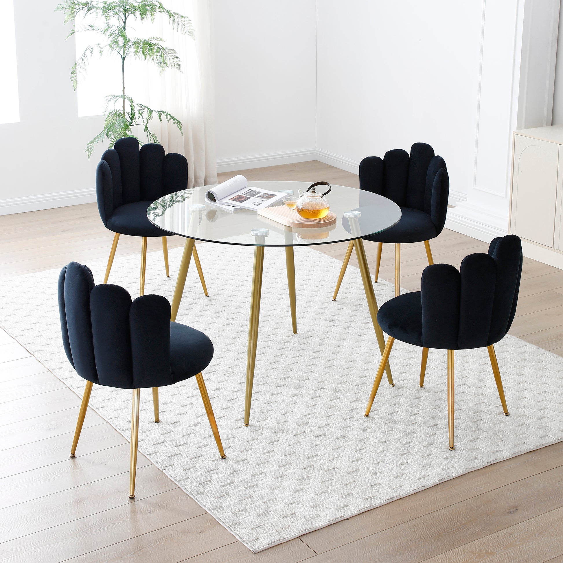 Modern Velvet Dining Chairs Set Of 2, Upholstered Woven Dining Chair With Golden Metal Legs, Upholstered Dining Chairs For Dining Room, Kitchen, Vanity, Living Room Black Primary Living Space Foam Velvet