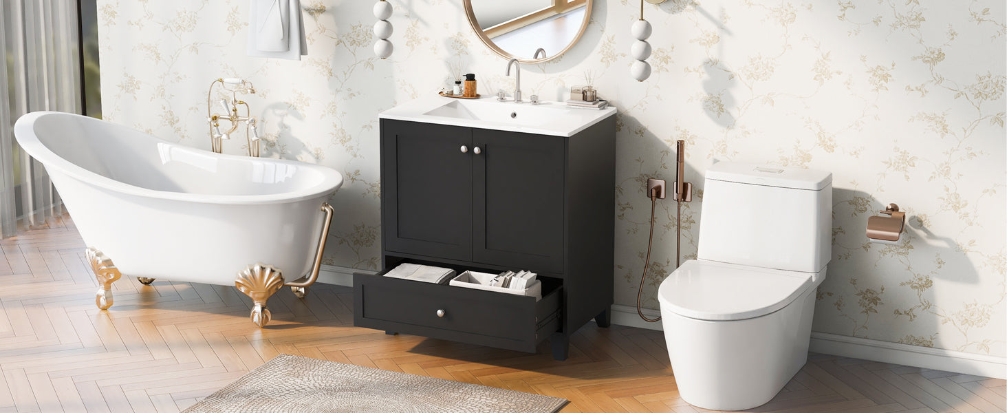 30" Black Bathroom Vanity Set With Ceramic Sink And Large Storage Space Ideal For Small Bathrooms Black Bathroom Solid Wood Mdf