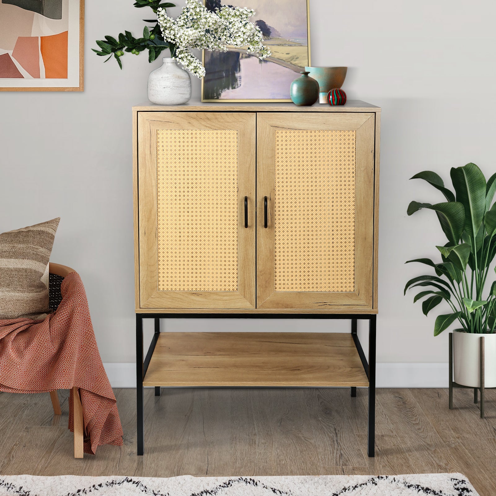 31.5 Inch Wide 2 Rattan Doors Free Standing Sideboard Storage Cabinet With One Open Bottom Shelf For Kitchen Dinning Room Living Room, Natural Color Freestanding 1 2 Shelves Natural Natural Primary Living Space Open Storage Space American Design Particle