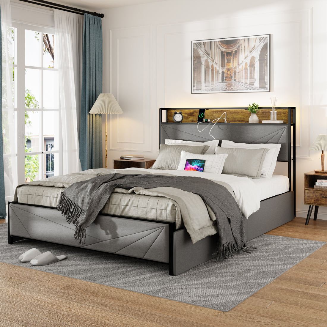 Queen Size Bed Frame With 4 Storage Drawers And 2 Usb Ports, Upholstered Platform Bed Frame With Storage Headboard Charging Station And Metal Slat Support, No Box Spring Needed, Dark Grey. Box Spring Not Required Queen Dark Grey Metal Bedroom Bed Frame