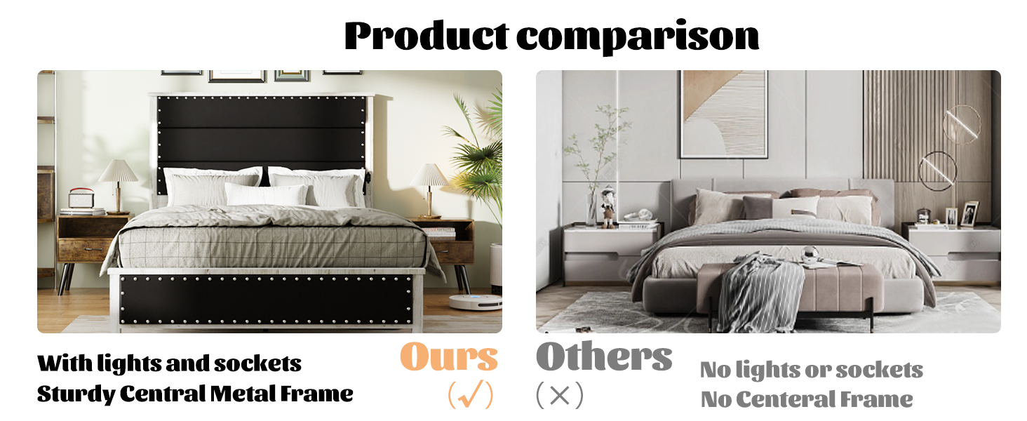 Queen Size Bed Frame With Upholstered Headboard, Queen Bed Frame With Charging Station And Led Lights, Wood Slats, Dark Gray Faux Leather & Rivets, No Box Spring Needed, Easy Assembly Box Spring Not Required Queen Antique White Gray Wood Bedroom Bed