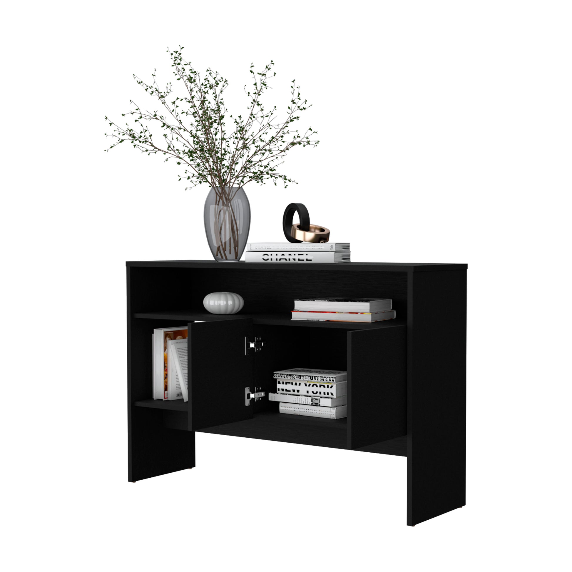 Bylas Console Table In Melamine With Two Doors Y Open Storage, Black Black Primary Living Space Modern Particle Board Melamine