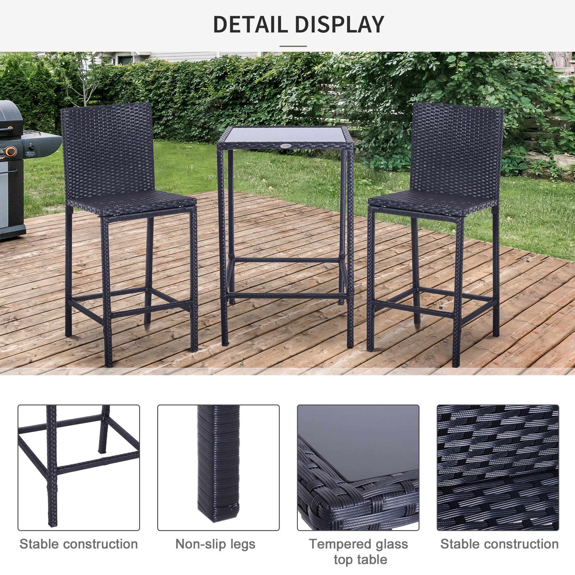 Outsunny 3Pcs Rattan Bar Set With Glass Top Table, 2 Bar Stools For Outdoor, Patio, Garden, Poolside, Backyard Black Aluminum