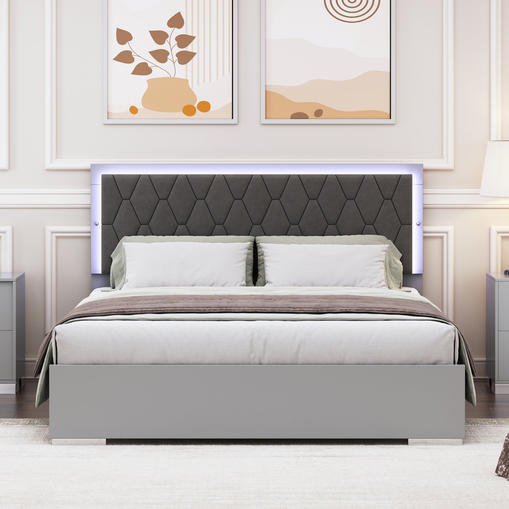 Queen Size Upholstered Bed With Led Lights,Modern Platform Bed With Velvet Headboard,Grey Queen Grey Mdf
