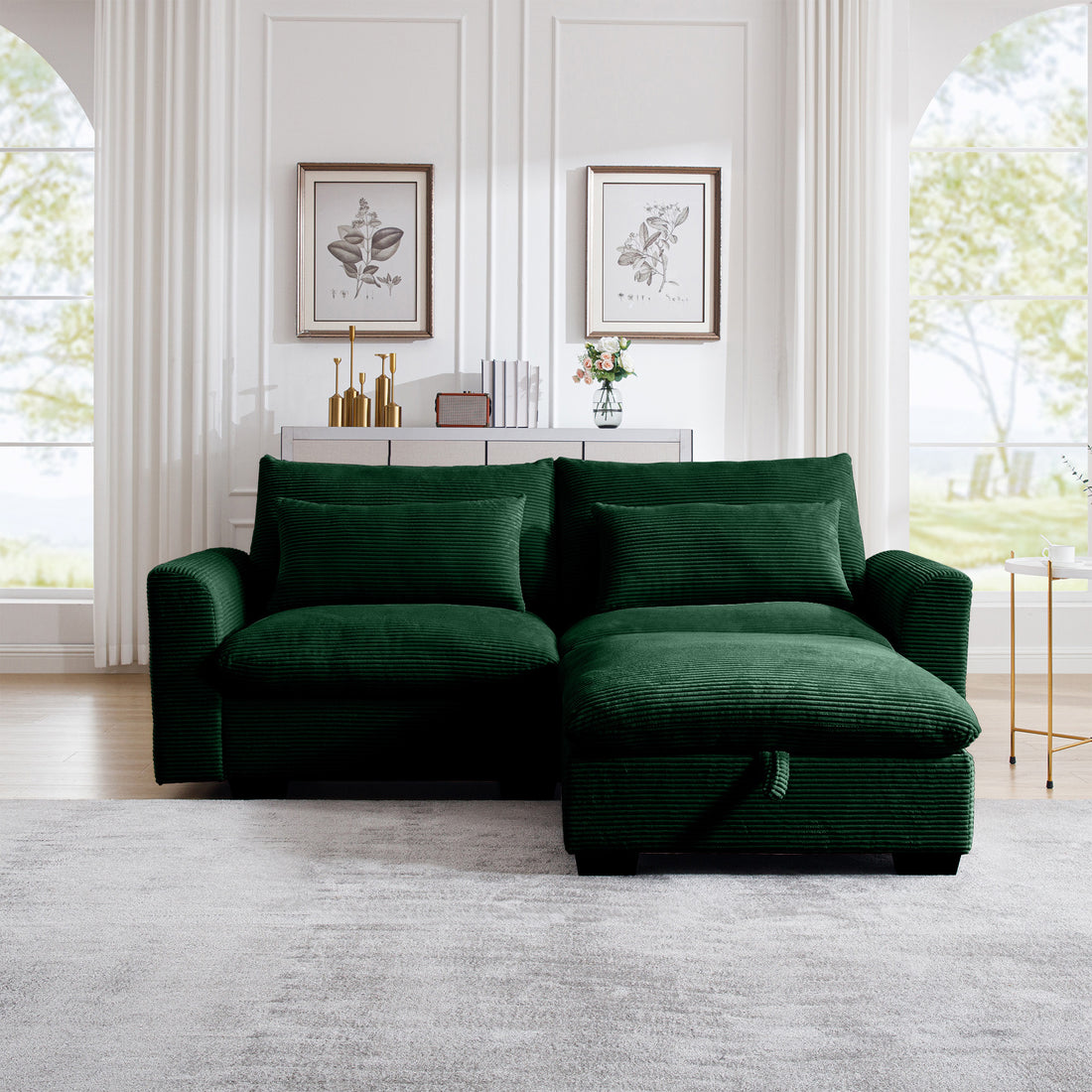 Sectional Sofa Comfy Corduroy Couch For Living Room With Pillows And Round Armrests, Modern Corduroy Sofa Sleeper Deep Couches With Storage Ottoman Green, 2 Seat Green Corduroy 2 Seat