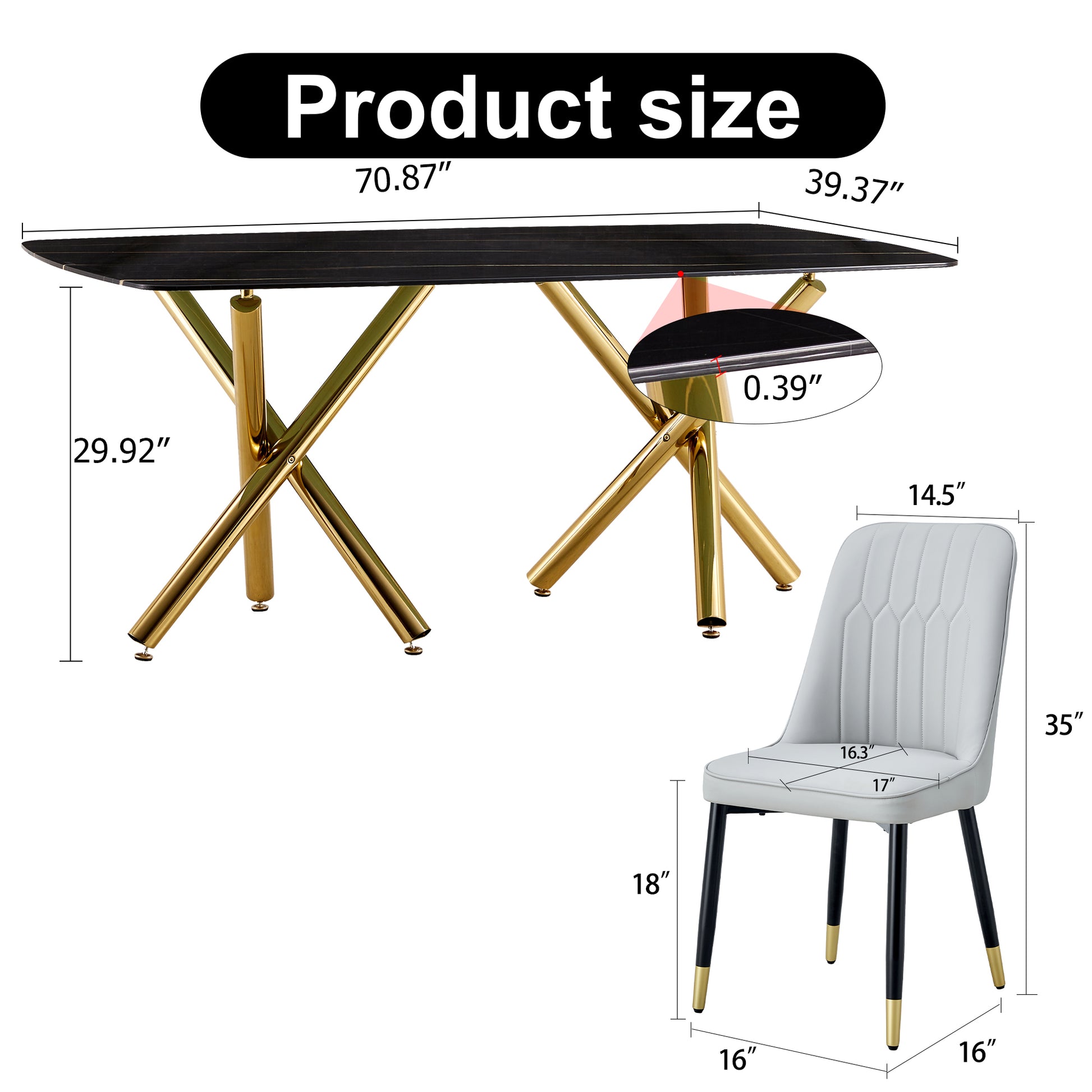 Large Modern Minimalist Rectangular Dining Table With 0.39 "Imitation Marble Black Desktop And Gold Metal Legs, Paired With 8 Chairs With Pu Cushions And Black Metal Legs.F 1538 C 007 Black Gold Glass Metal