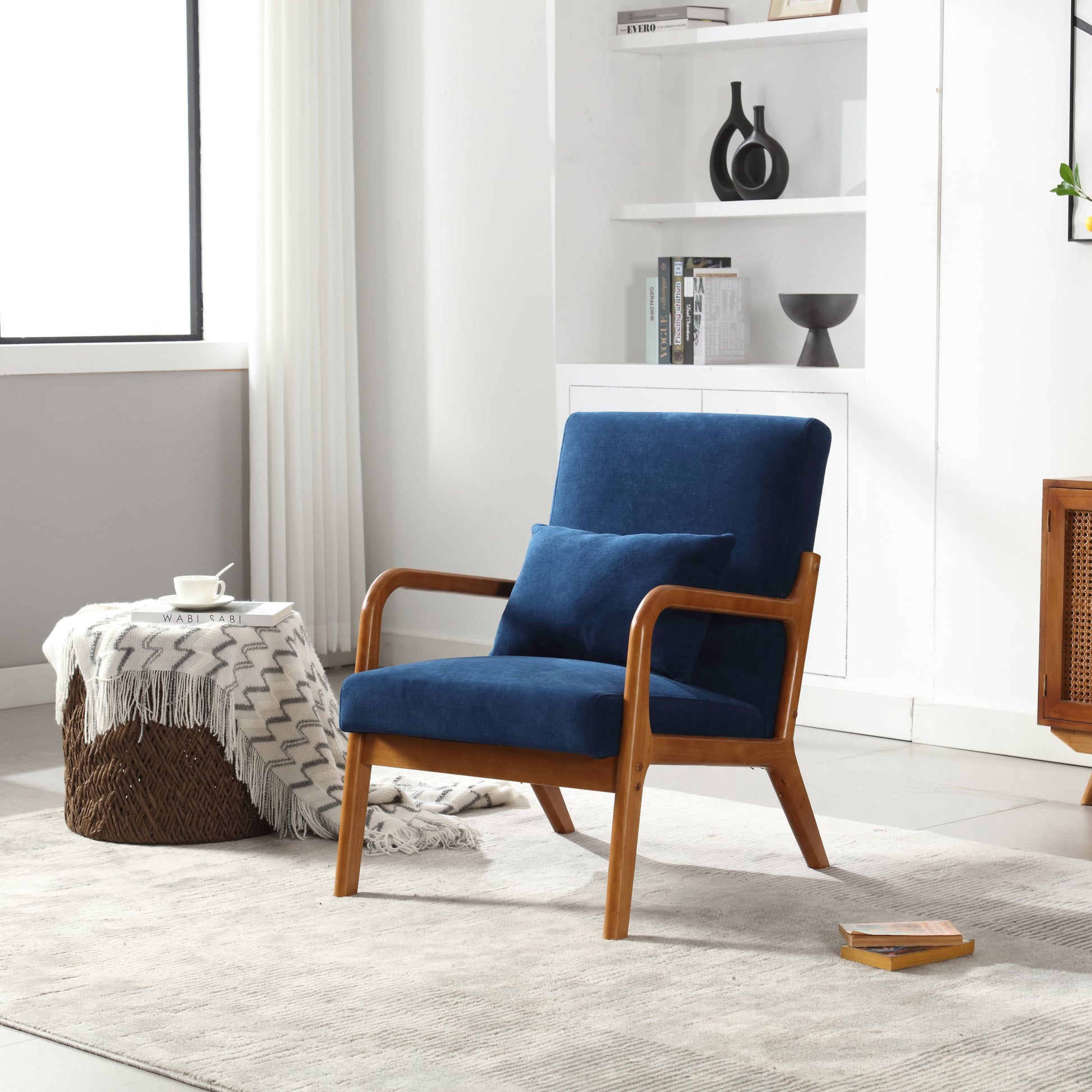 Coolmore Modern Accent Chair, Solid Wood Padding Lounge Armchairs With One Pillow For Living Room, Bedroom, Guest Room Navy Navy Brown Primary Living Space Modern Rubberwood Foam Velvet