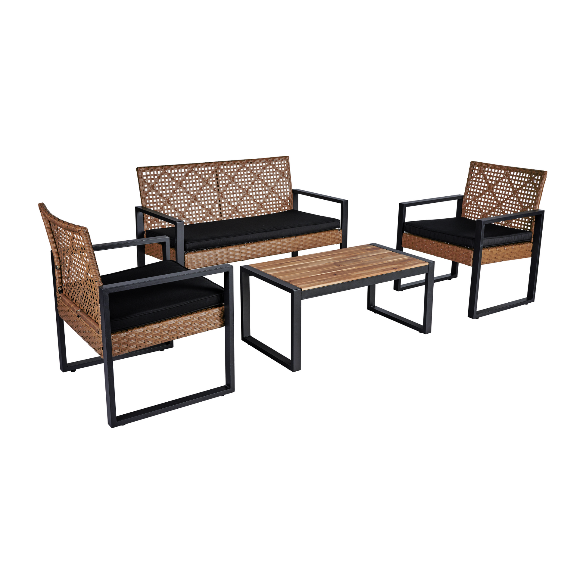 4 Piece Patio Furniture Set Outdoor Balcony Porch Garden Backyard Lawn Furniture Acacia Wood Table Top, Morden Black And Light Brown Yes Sectional Light Brown Seats 4 Rust Resistant Frame Water Resistant Cushion Garden & Outdoor American Design,American