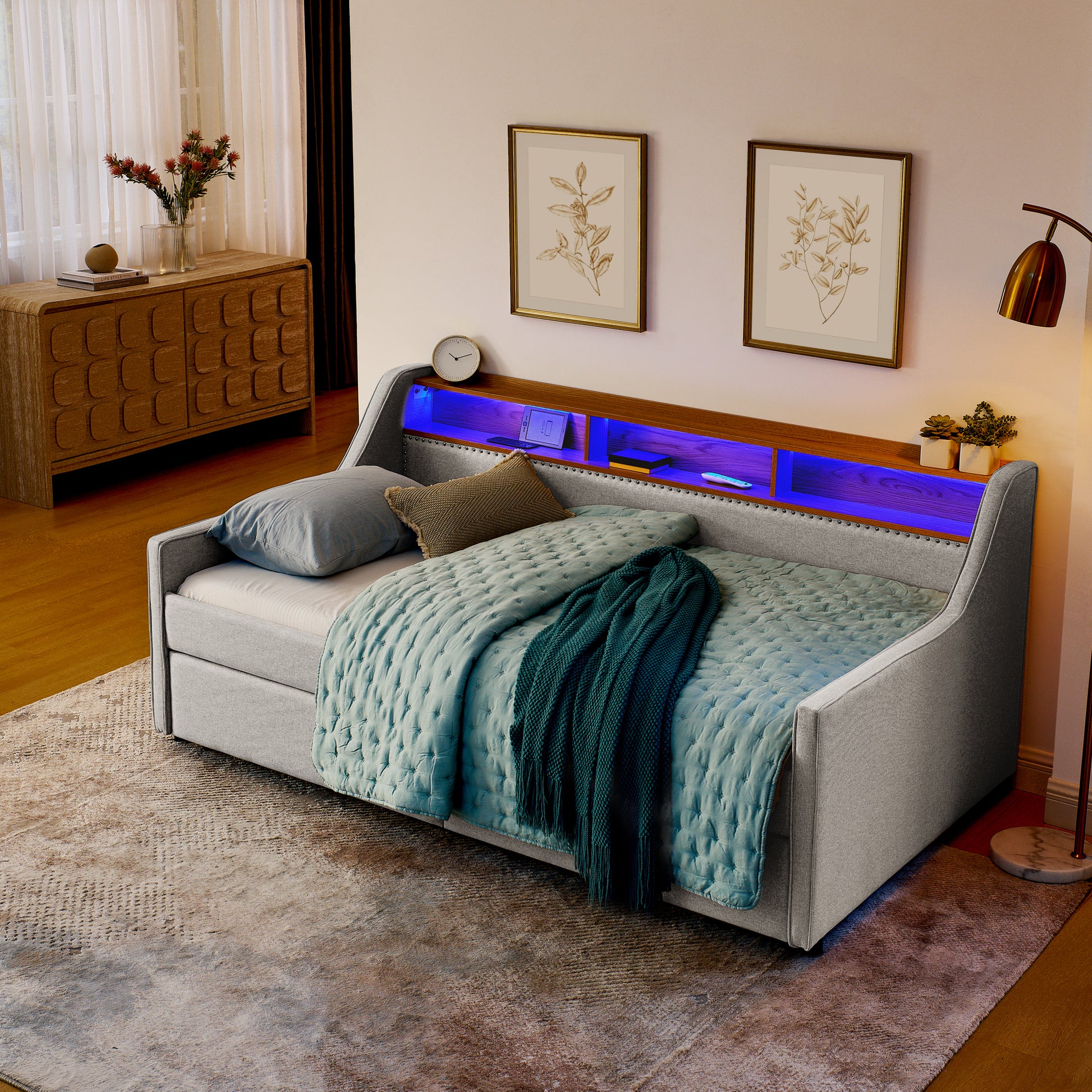 Twin Size Upholstery Sofa Bed With Three Led Lights, With Storage Adjustable Headboard, With Two Storage Pull Up Drawers And Wireless Charging, Linen Padded Sofa Bed Frame, Beige Box Spring Not Required Twin Beige Composite Bedroom Classic Eucalyptus