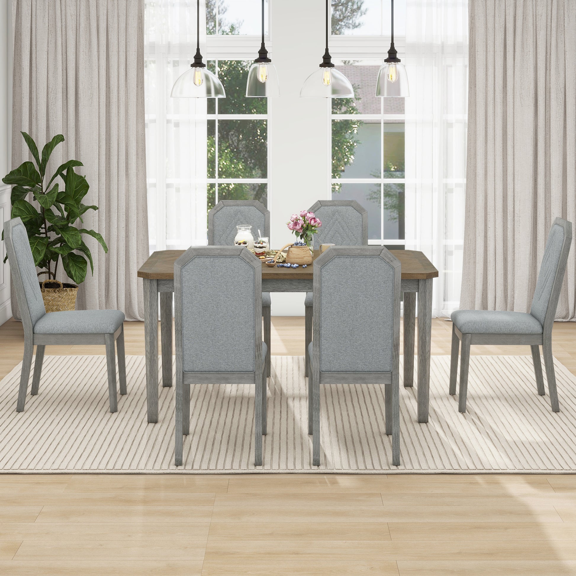 7 Piece Farmhouse Dining Set Classic Rustic Table And 6 High Back Design Chairs For Dining Room, Kitchen Brown Gray Brown Gray Solid Wood Mdf