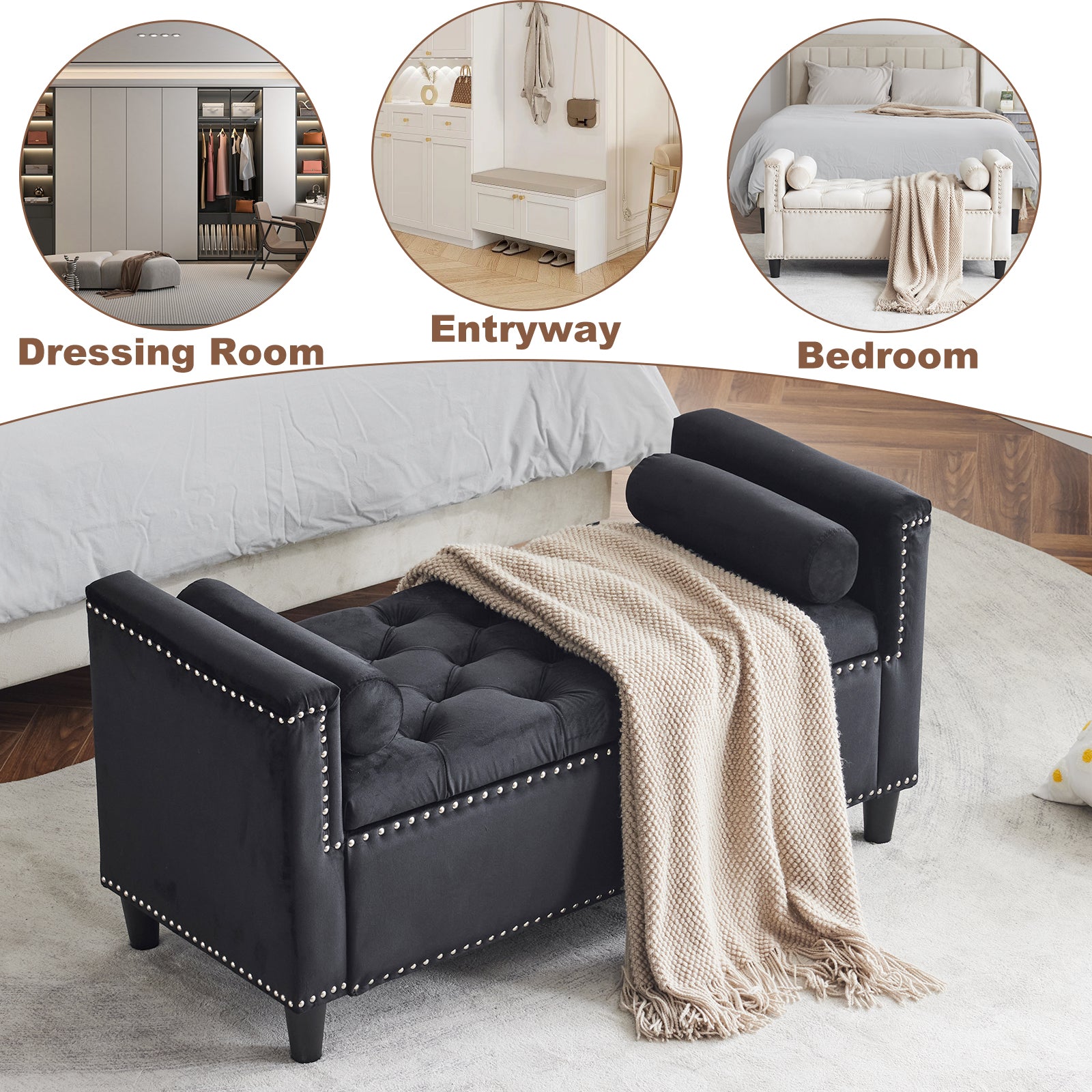 dressing room bench Storage Bench, 44.5 Inch Queen Velvet Button Bedside Bench, Entryway Living Room With Armrests, Trim, Upholstered Bedroom Bench, Bedside Ottoman,