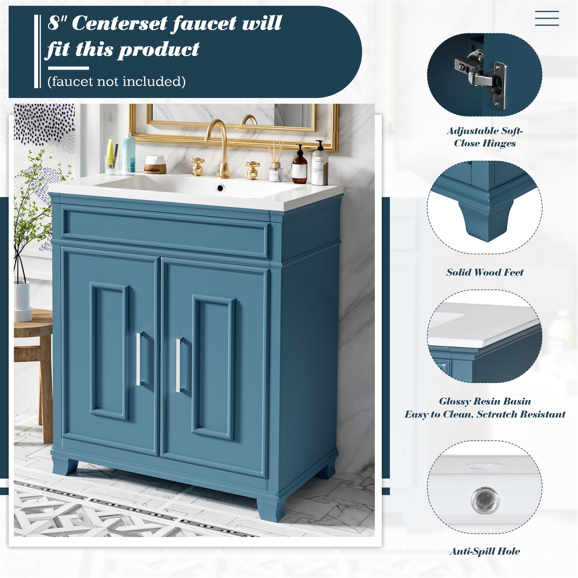 30 Inch Bathroom Vanity With Resin Sink, Freestanding Bathroom Vanity Set With Storage Shelf, Storage Cabinet For Bathroom, Solid Wood Frame Bathroom Cabinet, Blue Blue Bathroom Modern Solid Wood Mdf Resin