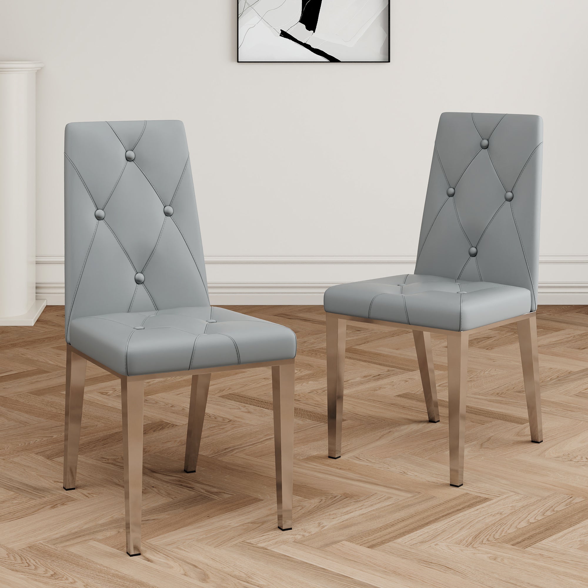 Modern Simple Light Luxury Dining Chair Grey Chair Home Bedroom Stool Back Pu Electroplated Chair Legs Set Of 2 Metal Grey Silver Pu