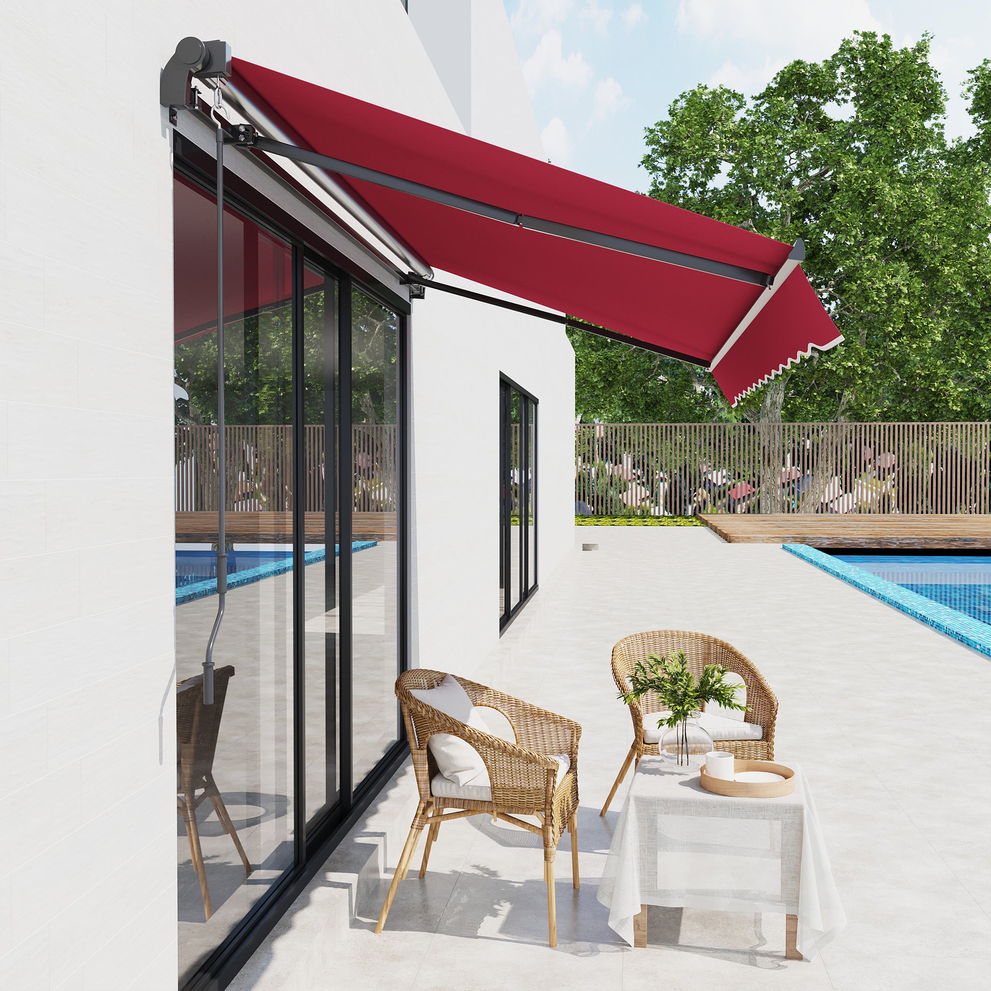 Outsunny 10' X 8' Retractable Awning, Patio Awnings, Sunshade Shelter W Manual Crank Handle, Uv & Water Resistant Fabric And Aluminum Frame For Deck, Balcony, Yard, Red Red Aluminum