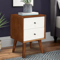 Stylish Wooden Nightstand With Two Drawers And Flared Legs, Brown And White Brown White Solid Wood