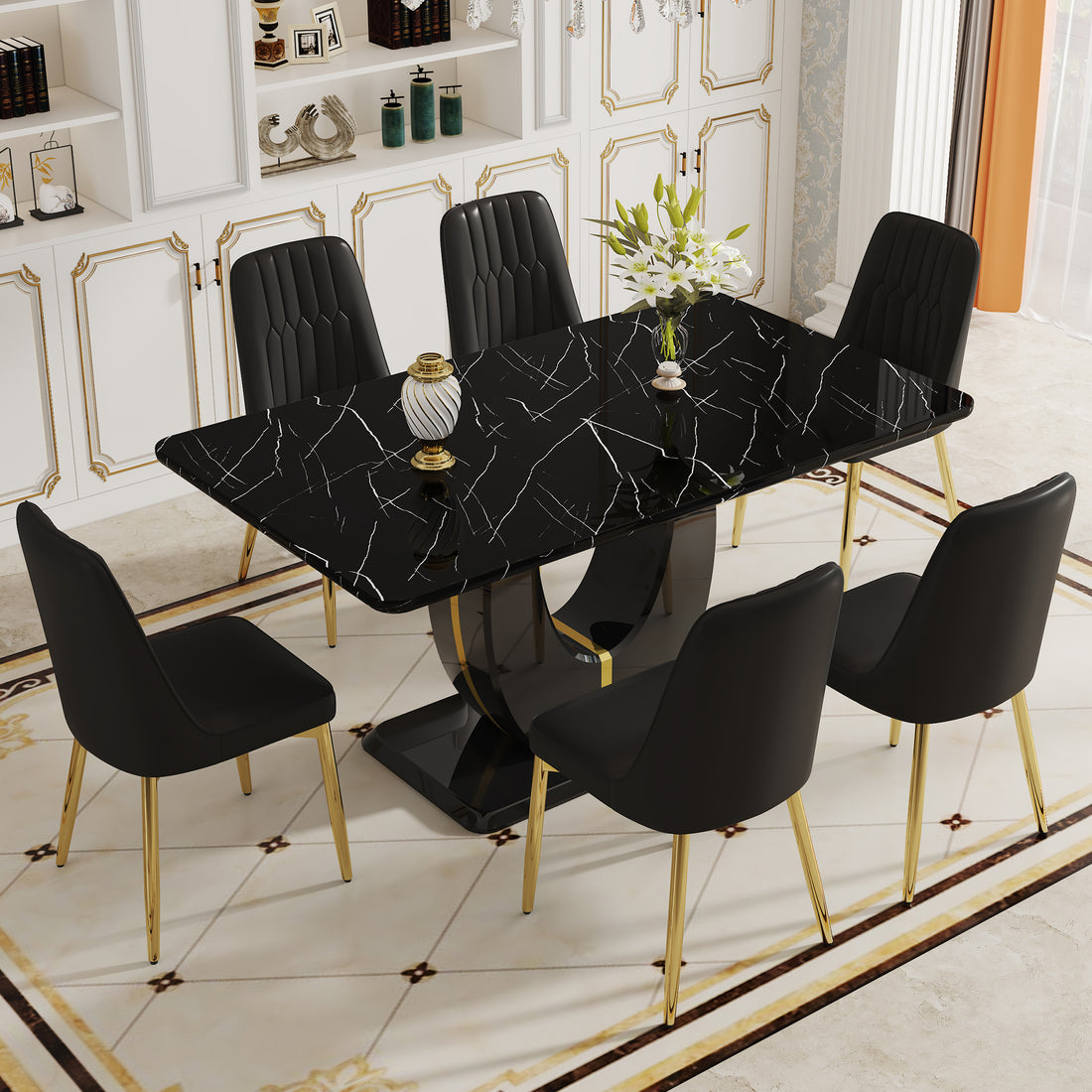 Table And Chair Set.63"W X 37"D X 30"H Black Marble Mdf Diningtable Set With 6 Black Pu Chairs With Gold Metal Legs.Bring A Comfortable Home Experience To The Kitchen, Bedroom, And Office.