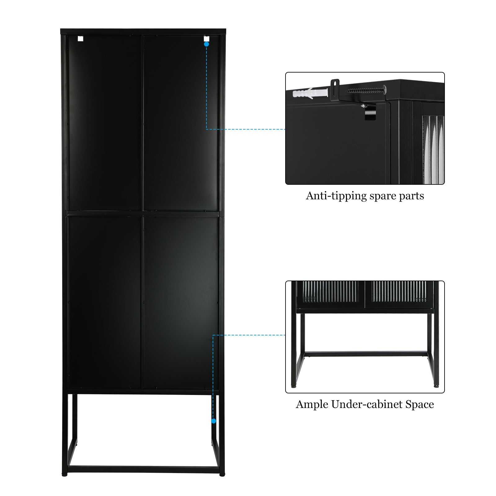 Stylish 4 Door Tempered Glass Cabinet With 4 Glass Doors Adjustable Shelves U Shaped Leg Anti Tip Dust Free Fluted Glass Kitchen Credenza Black Black Tempered Glass Sheet Metal Plastic