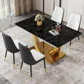 Table And Chair Set.Modern Rectangular Dining Table With Black Textured Stickers Glass Tabletop And Gold Plated Metal Legs.Paried With 4 Comfortable Chairs With Pu Seats And Black Metal Legs. Black Gold,White,White Gray Seats 4 Glass Metal