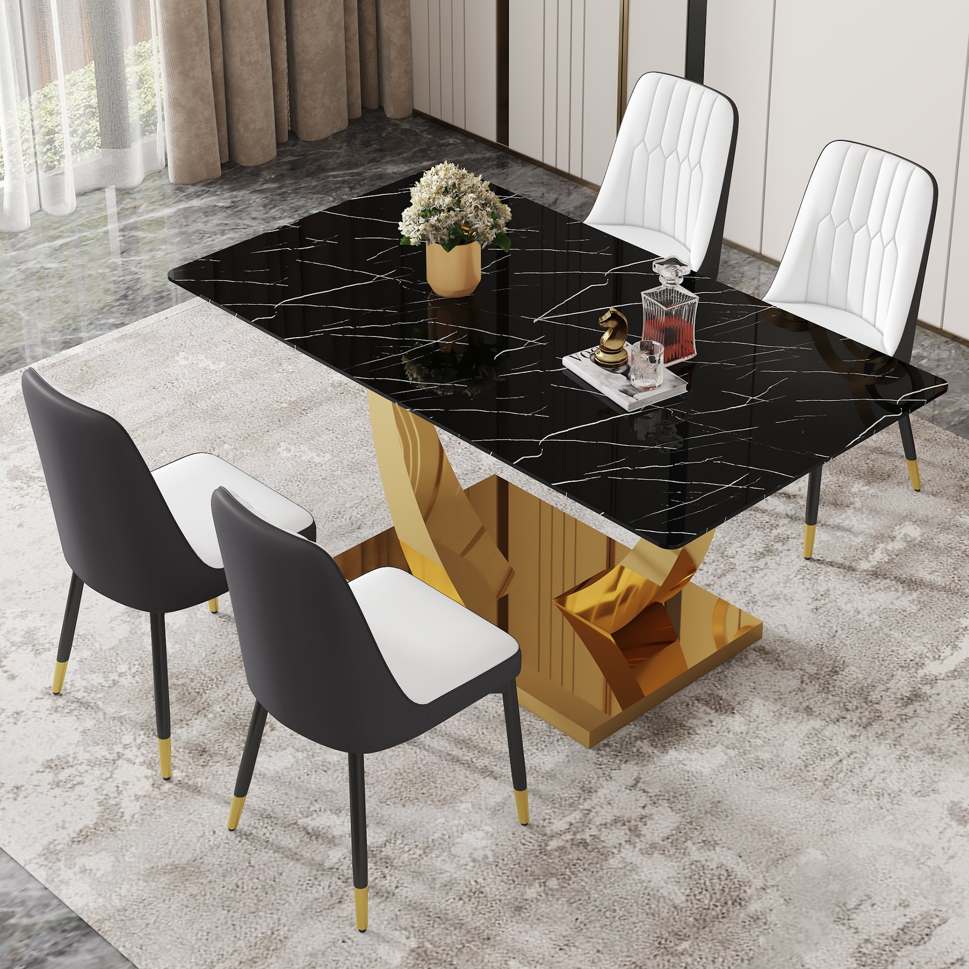 Table And Chair Set.Modern Rectangular Dining Table With Black Textured Stickers Glass Tabletop And Gold Plated Metal Legs.Paried With 4 Comfortable Chairs With Pu Seats And Black Metal Legs. Black Gold,White,White Gray Seats 4 Glass Metal