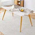 Modern Minimalist Dining Table. White Imitation Marble Pattern Sintered Stone Desktop With Golden Metal Legs.62.2