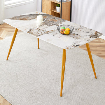 Modern Minimalist Dining Table. White Imitation Marble Pattern Sintered Stone Desktop With Golden Metal Legs.62.2"*34.6"*30" F 001 Gold Sintered Stone