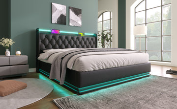 Full Size Upholstered Bed, 360 Surround Led Function, Buttons Apps Remote Control, Hydraulic Storage Bed With Usb Type C Charging, Black,Pu Without Mattress Full Black Pu