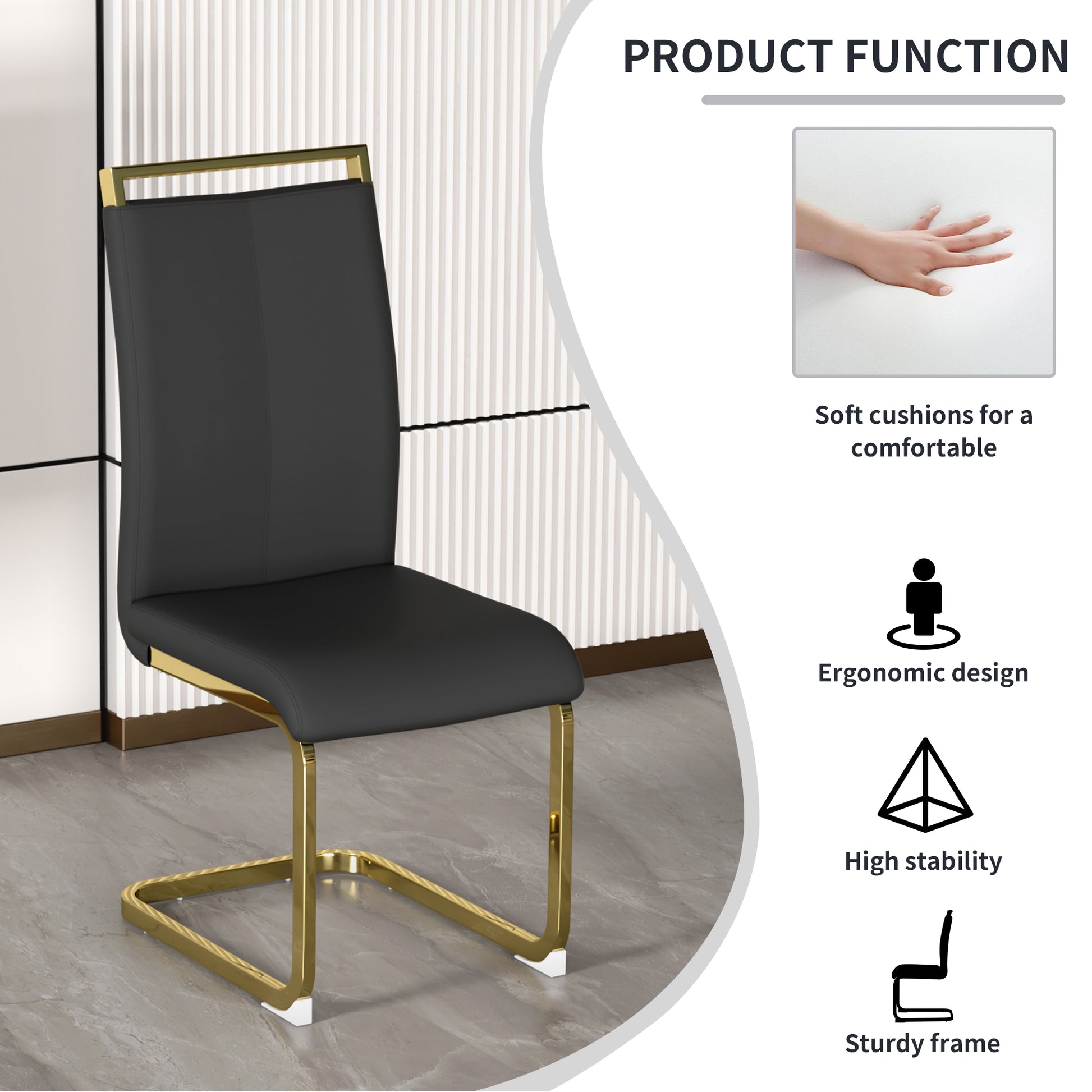 Table And Chair Set. Modern Dining Table With Mdf Top And Beautiful Mdf Legs. Equipped With Comfortable Pu Chairs And Metal Legs. Suitable For A Wide Range Of Decorative Styles. Black Seats 4 Mdf