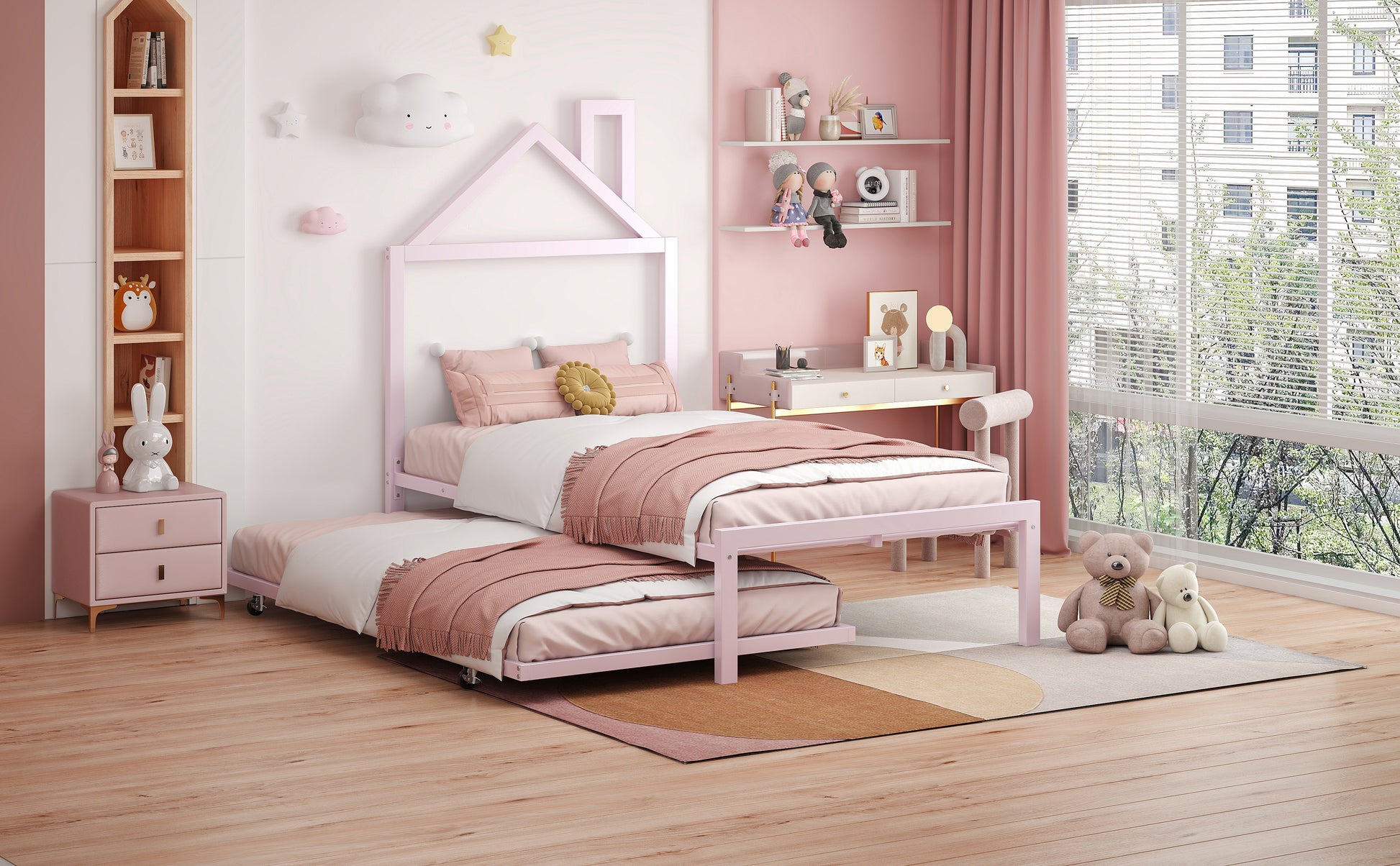 Twin Size Metal Platform Bed With Twin Size Trundle,House Shaped Headboard Design, Pink Twin Pink Metal