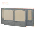 Full Size Murphy Bed Wall Bed With Drawer And Rattan Decoration With 2 Storage Cabinets, One Set Of Sockets & Usb Ports, Pulley Structure Design, Gray Full Gray Plywood