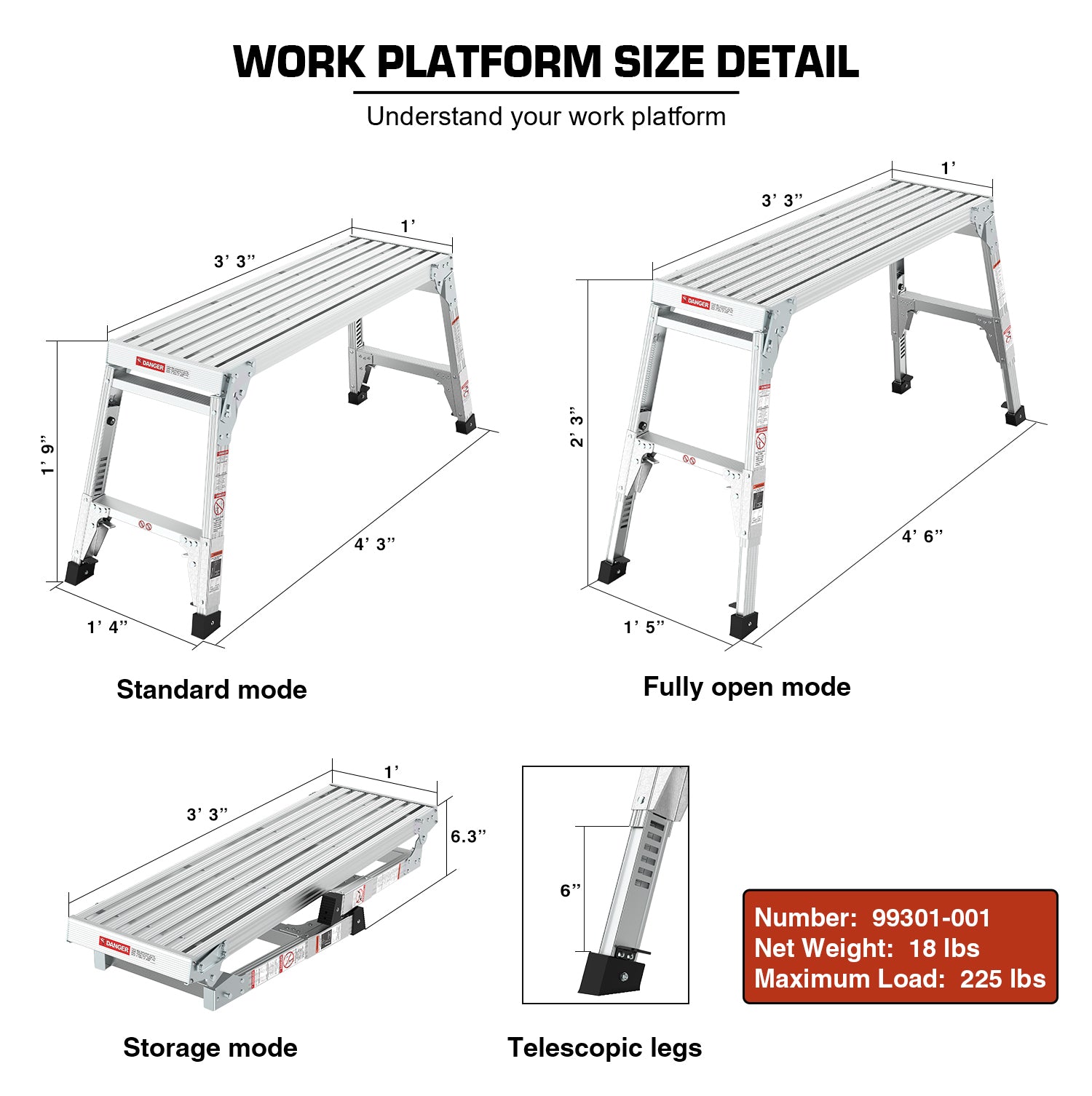 Aluminum Work Platform Large Size Step Stool Folding Portable Work Bench 40" Width Telescopic Feet 22" 27.5" Height Adjustable Grey Aluminium Alloy