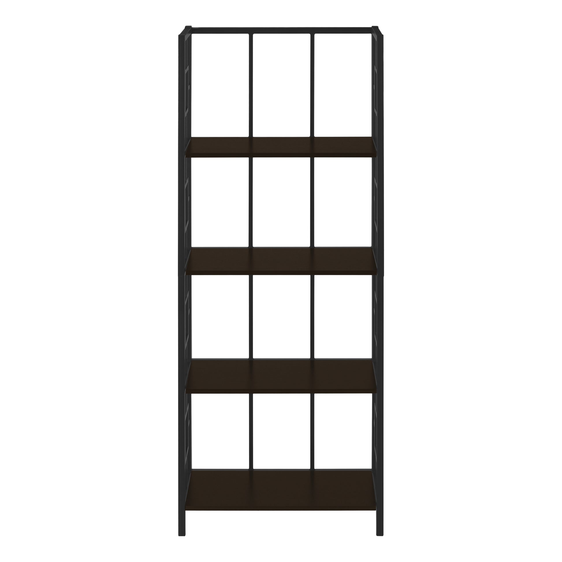 Bookshelf, Bookcase, Etagere, 4 Tier, 62"H, Office, Bedroom, Brown Laminate, Black Metal, Contemporary, Modern Espresso Metal