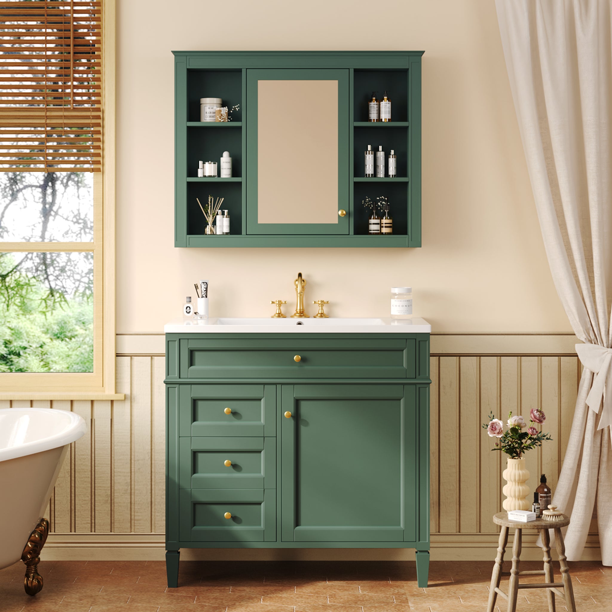 36'' Bathroom Vanity With Medicine Cabinet, Royal Blue Mirror Cabinet, Modern Bathroom Storage Cabinet With 2 Soft Closing Doors And 4 Drawers, Single Sink Bathroom Vanity 3 Green 1 5 Bathroom Freestanding Modern Solid Wood Mdf Resin Painted