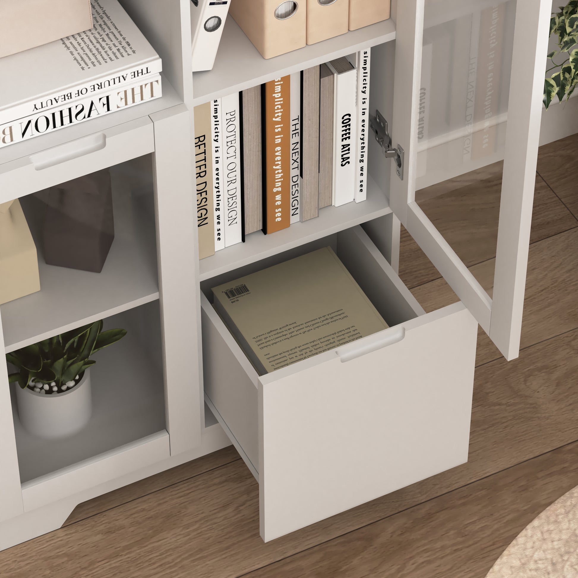 Wooden Floor Cabinet With 2 Glass Doors And 2 Storage Space,White ,Living Room Bathroom Entryway White White Mdf