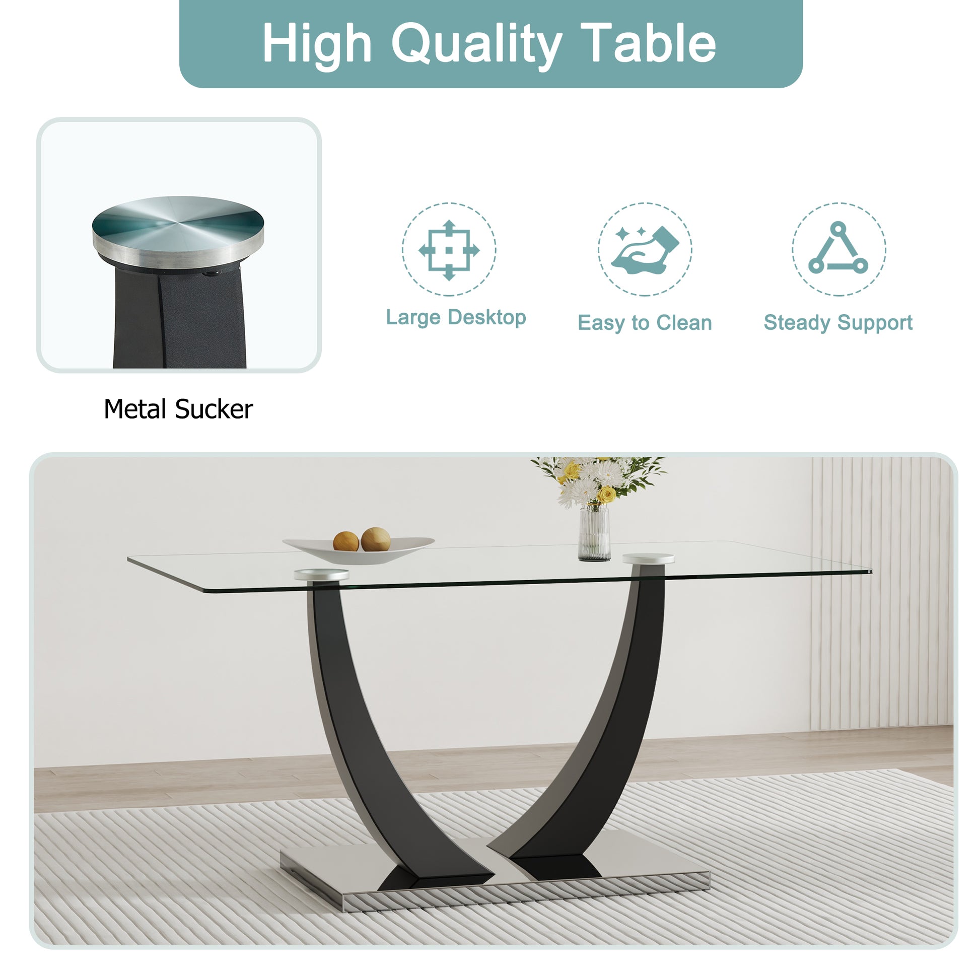 Table And Chair Set.Large Rectangular Glass Dining Table, 0.39 "Tempered Glass Countertop And Black Metal Shaped Bracket.Comes With Chairs With Faux Leather Cushions.Suitable For Kitchen, Dining Room. White Black Seats 6 Glass Metal