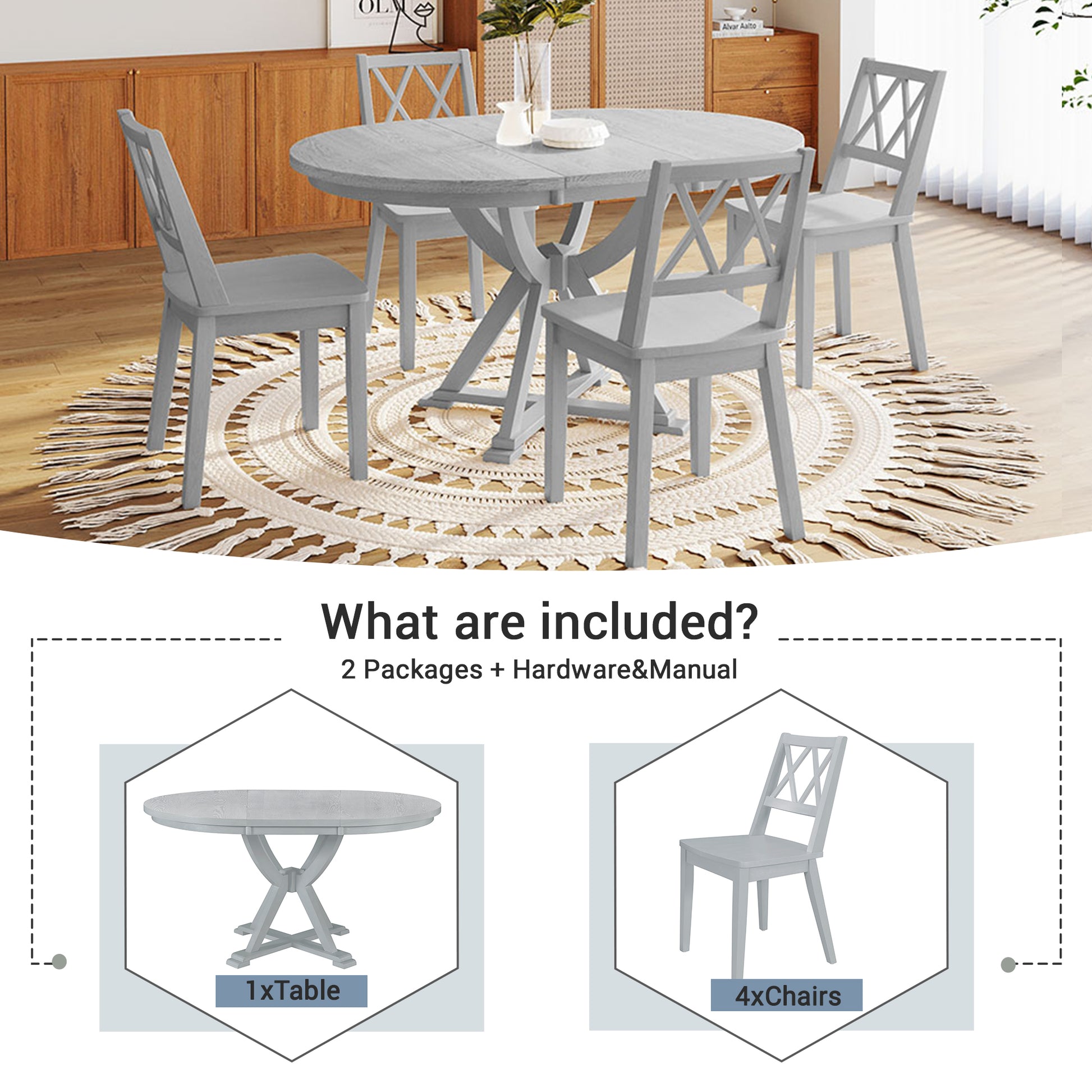 Mid Century 5 Piece Extendable Round Dining Table Set With 15.7" Removable Leaf And 4 Cross Back Dining Chairs, Grey Gray Wood Dining Room Extendable Rubberwood Oval Dining Table With Chair Wood Wood Antique Gray Seats 4 Removable Leaf Mid Century Modern