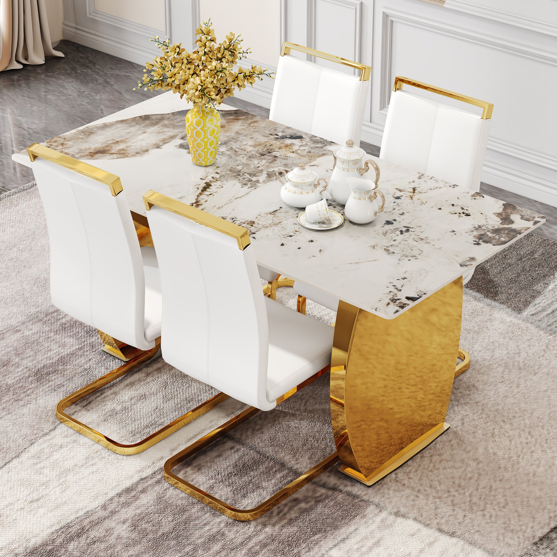 Table And Chair Set, Rock Plate Table Top, Gold Metal Table Legs, Stable And Beautiful, Suitable For Most Home Styles. Modern Simple Dining Table, Comfortable Seating. White Gold Seats 4 Sintered Stone