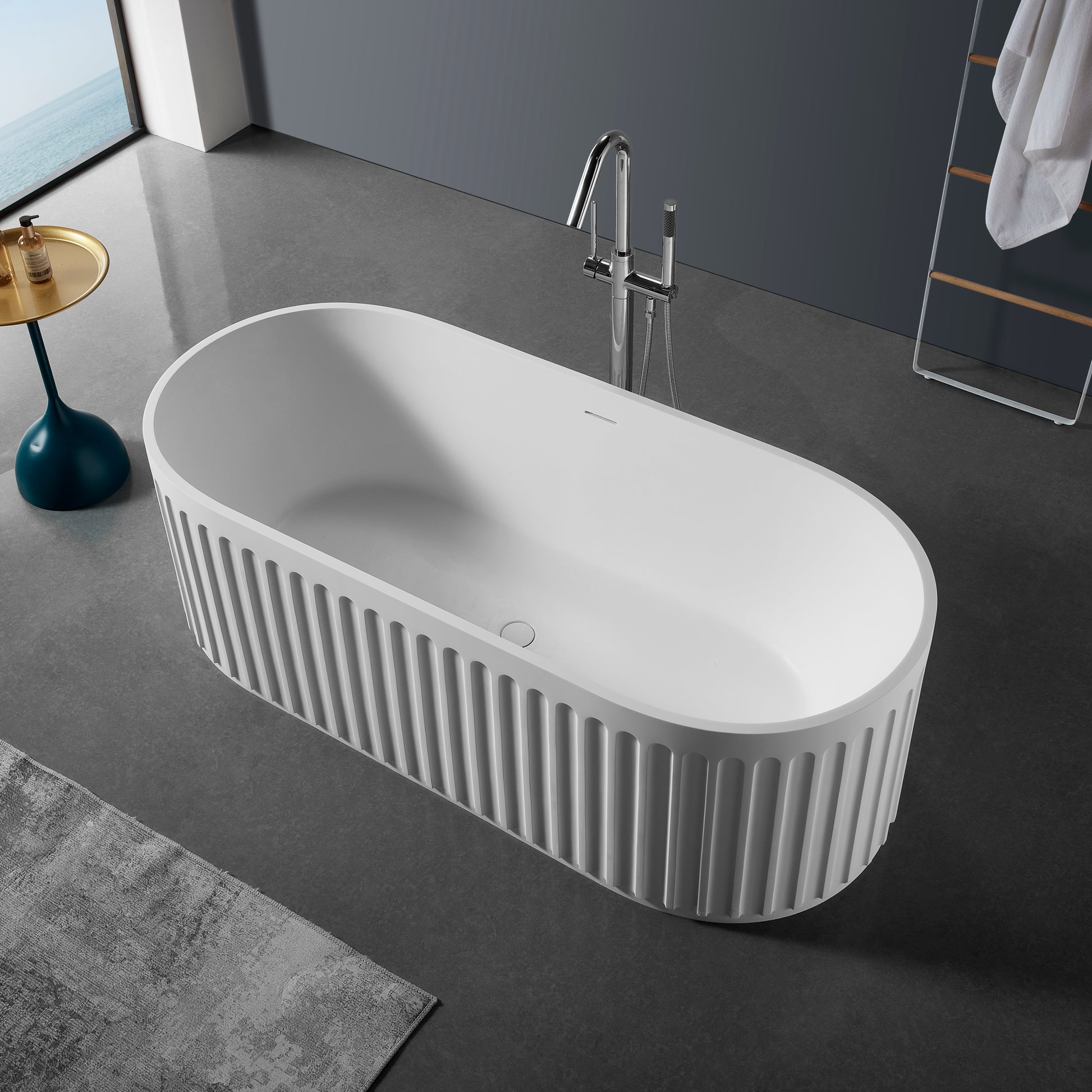 Luxury Handcrafted Stone Resin Freestanding Soaking Bathtub With Overflow In Matte White, Cupc Certified 23S13 67 Matte White Bathroom Freestanding Tubs Soaking Center Solid Surface