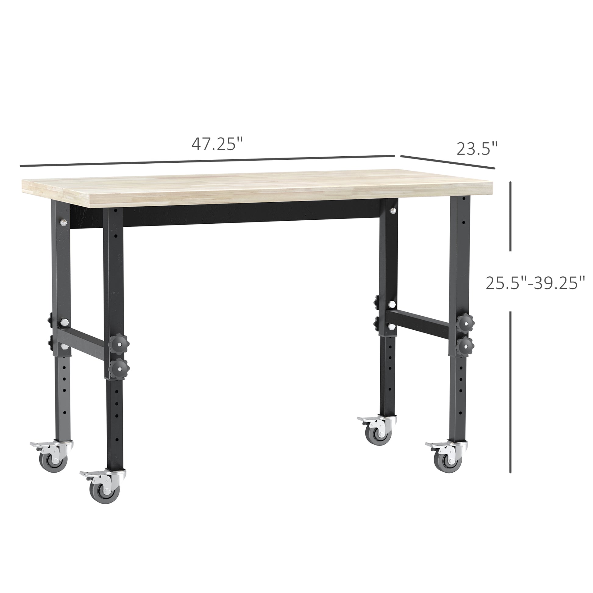 Homcom 47.25" Work Bench With Height Adjustable Legs, Bamboo Tabletop Workstation Tool Table On Wheels For Garage, Weight Capacity 1320 Lbs, Black Natural Natural Wood Bamboo