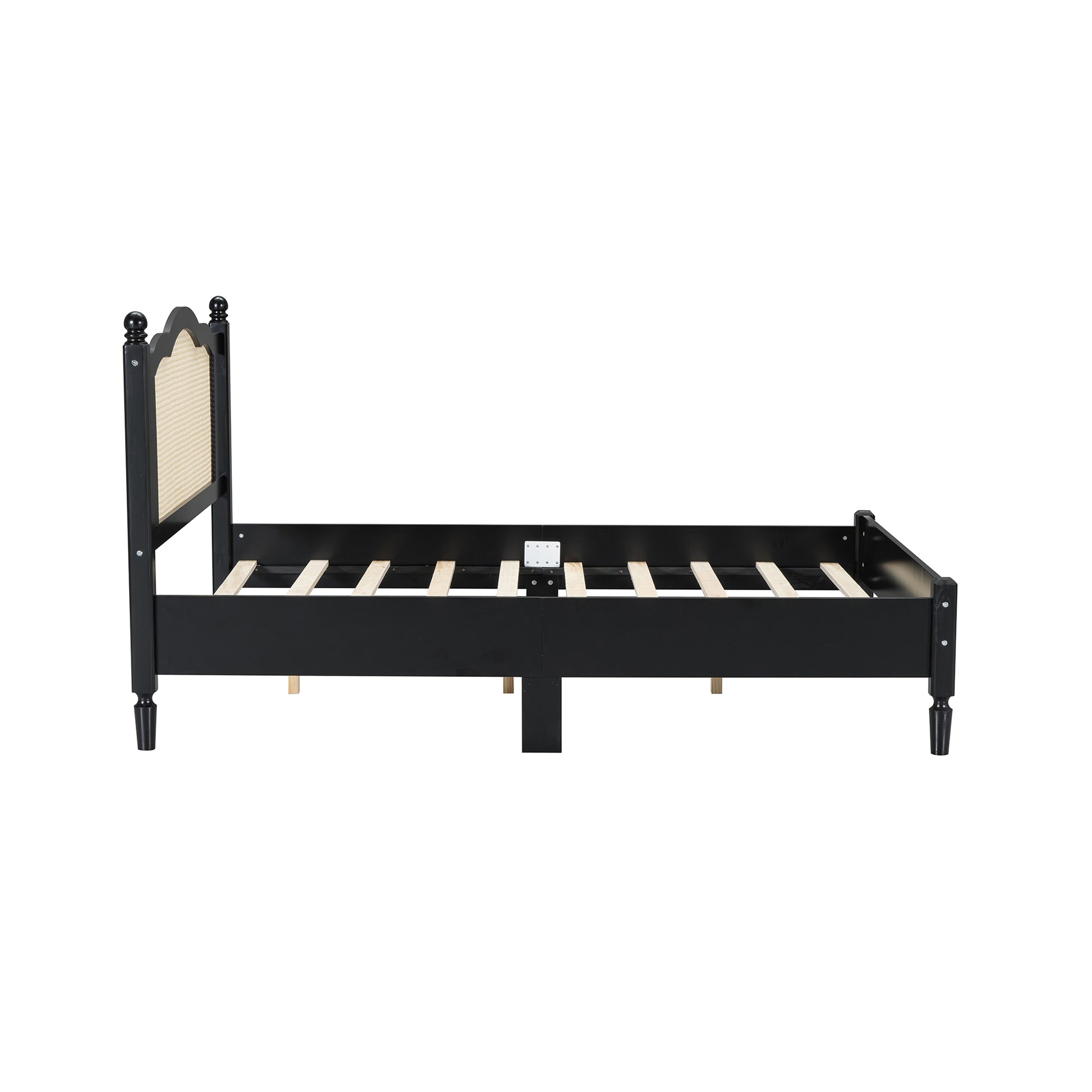 Full Size Wooden Platform Bed With Natural Rattan Headboard, Vintage Bed Frame With Wooden Slat Support, Black Box Spring Not Required Full Black Wood