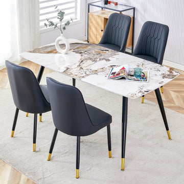 Modern Minimalist Dining Table. Imitation Marble Patterned Stone Burning Tabletop With Black Metal Legs.Modern Dining Chair With Pu Artificial Leather Backrest Cushion And Black Metal Legs.F 001 C 007 Black Gold Sintered Stone