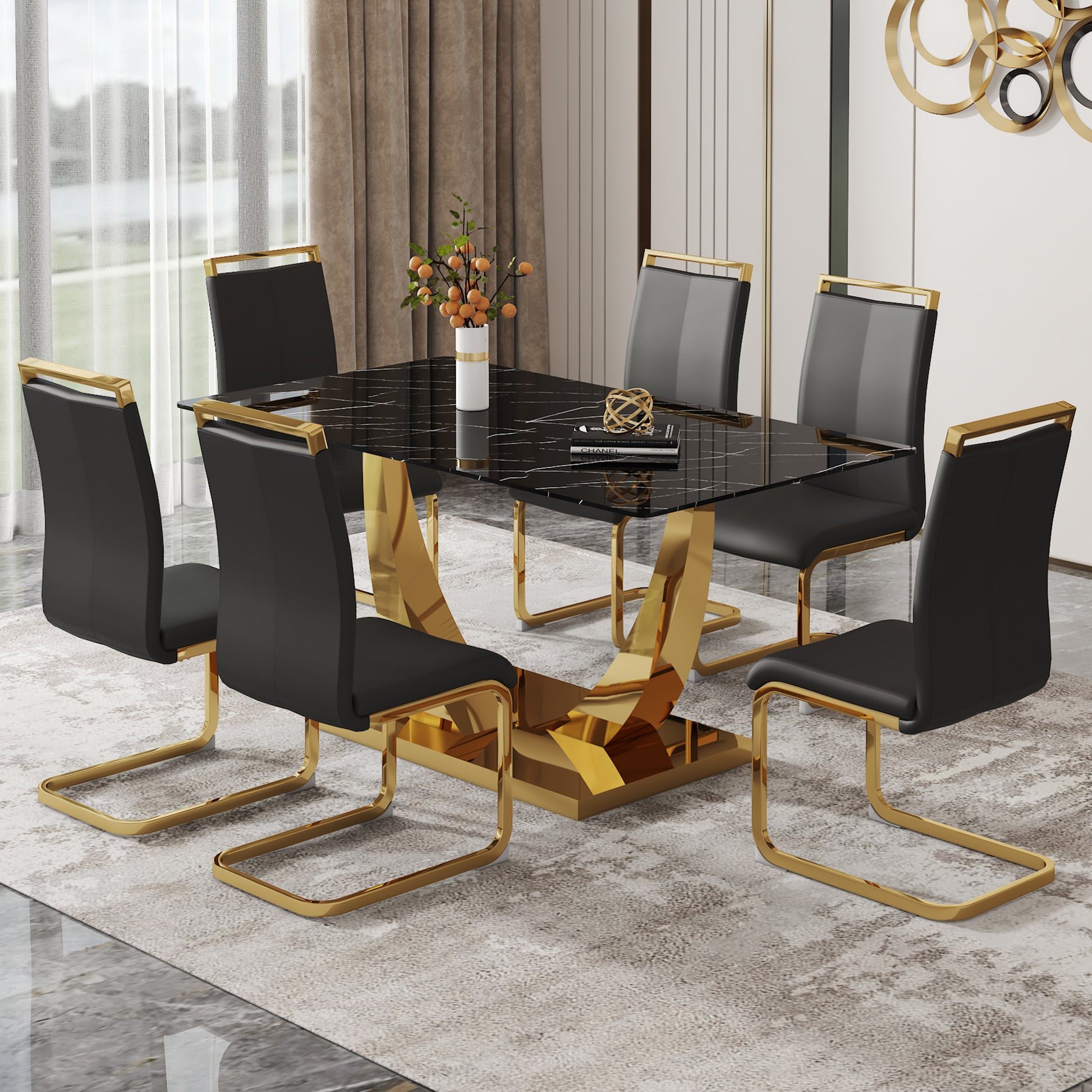 Table And Chair Set.Modern Rectangular Dining Table With Black Textured Stickers Glass Tabletop And Gold Plated Metal Legs.Paried With 6 Comfortable Chairs With Pu Seats And Golden Metal Legs. Black Gold Seats 6 Glass Metal