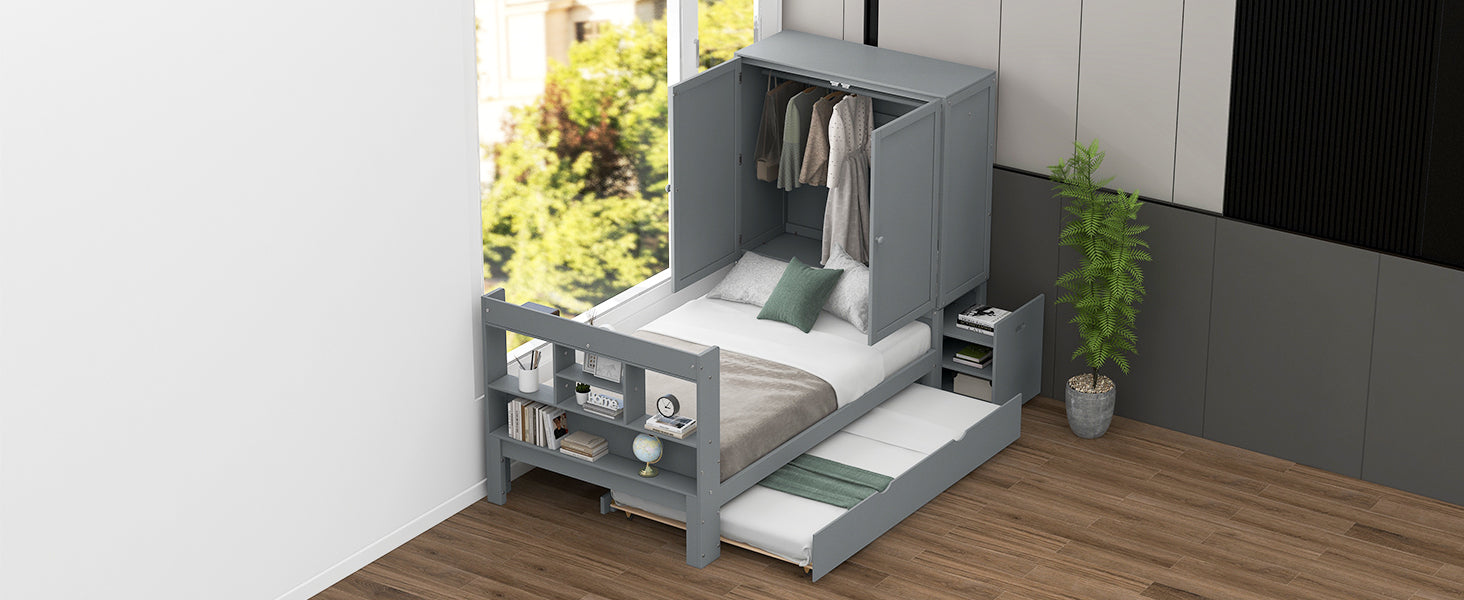 Twin Size Platform Bed With Storage Headboard And Footboard, Pull Out Shelves And Twin Size Trundle, Gray Box Spring Not Required Twin Gray Wood Bedroom Bed Frame Solid Wood Mdf