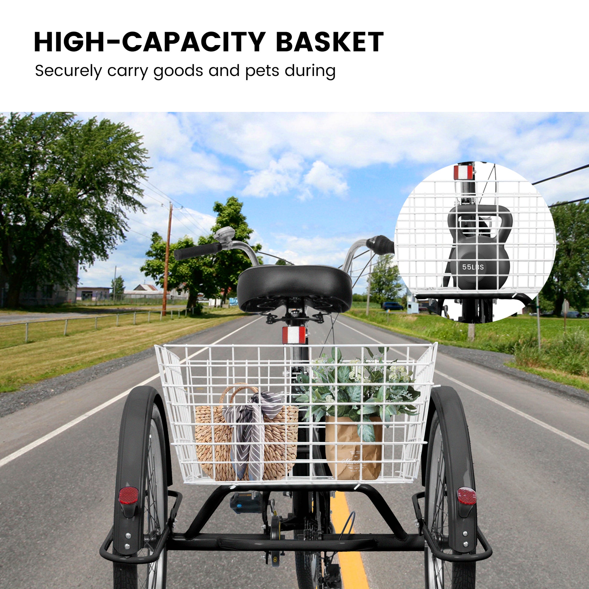 Adult Tricycles 7 Speed, Adult Trikes 24 Inch 3 Wheel Bikes, Three Wheeled Bicycles Cruise Trike With Shopping Basket For Seniors, Women, Men Black Carbon Steel