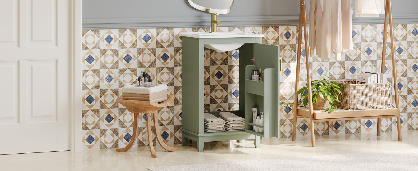 Viedo 20 Inch Modern Small Bathroom Vanity Cabinet With Ceramic Basin 20*15.5*33.3 Inches,Ample Storage,1 Soft Close Door Green Bathroom Solid Wood Mdf