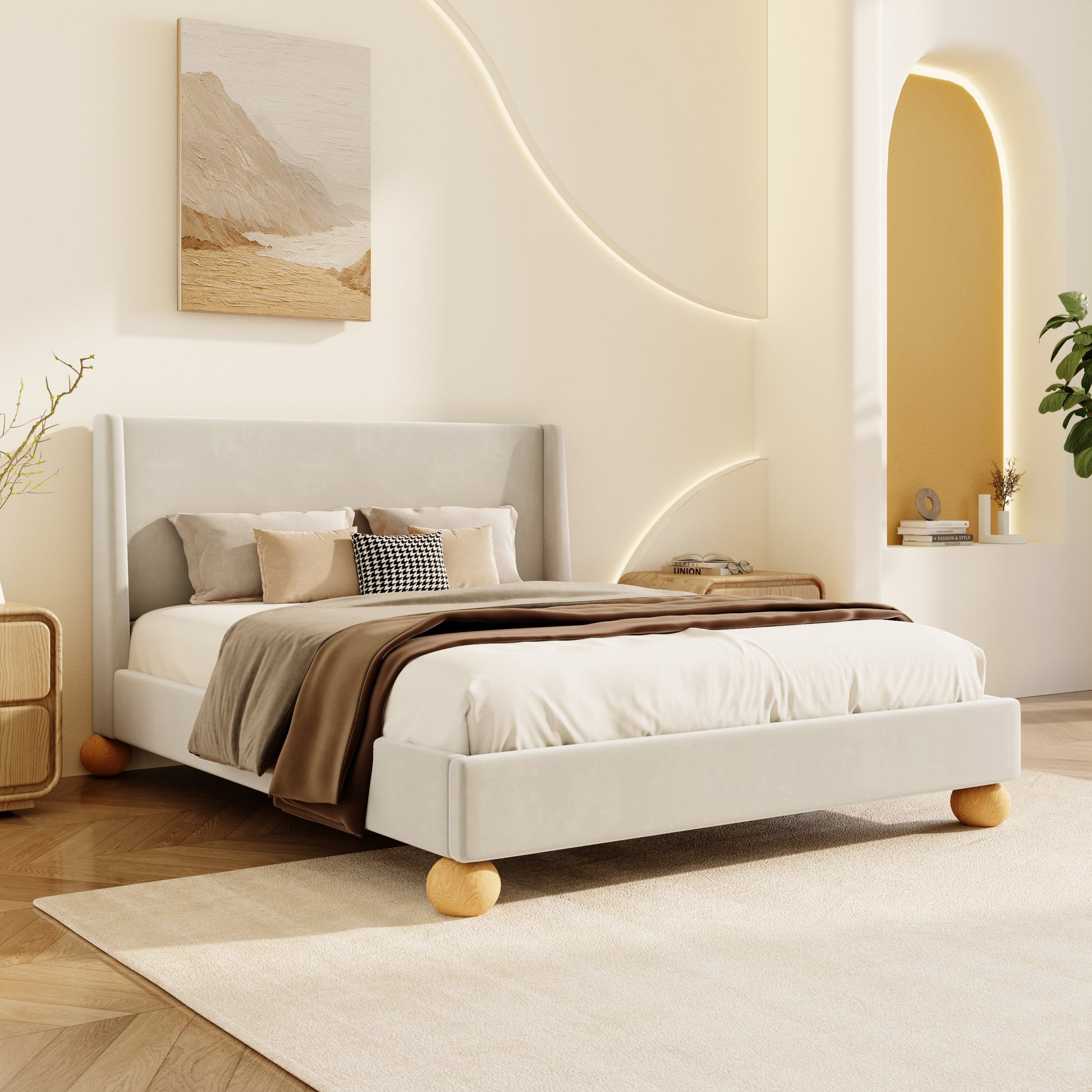 Modern Velvet Upholstered Platform Bed With Wingback Headboard And Round Wooden Legs, Cream,Queen Size Box Spring Not Required Queen Cream Wood Bedroom Modern Bed Frame Velvet Wood