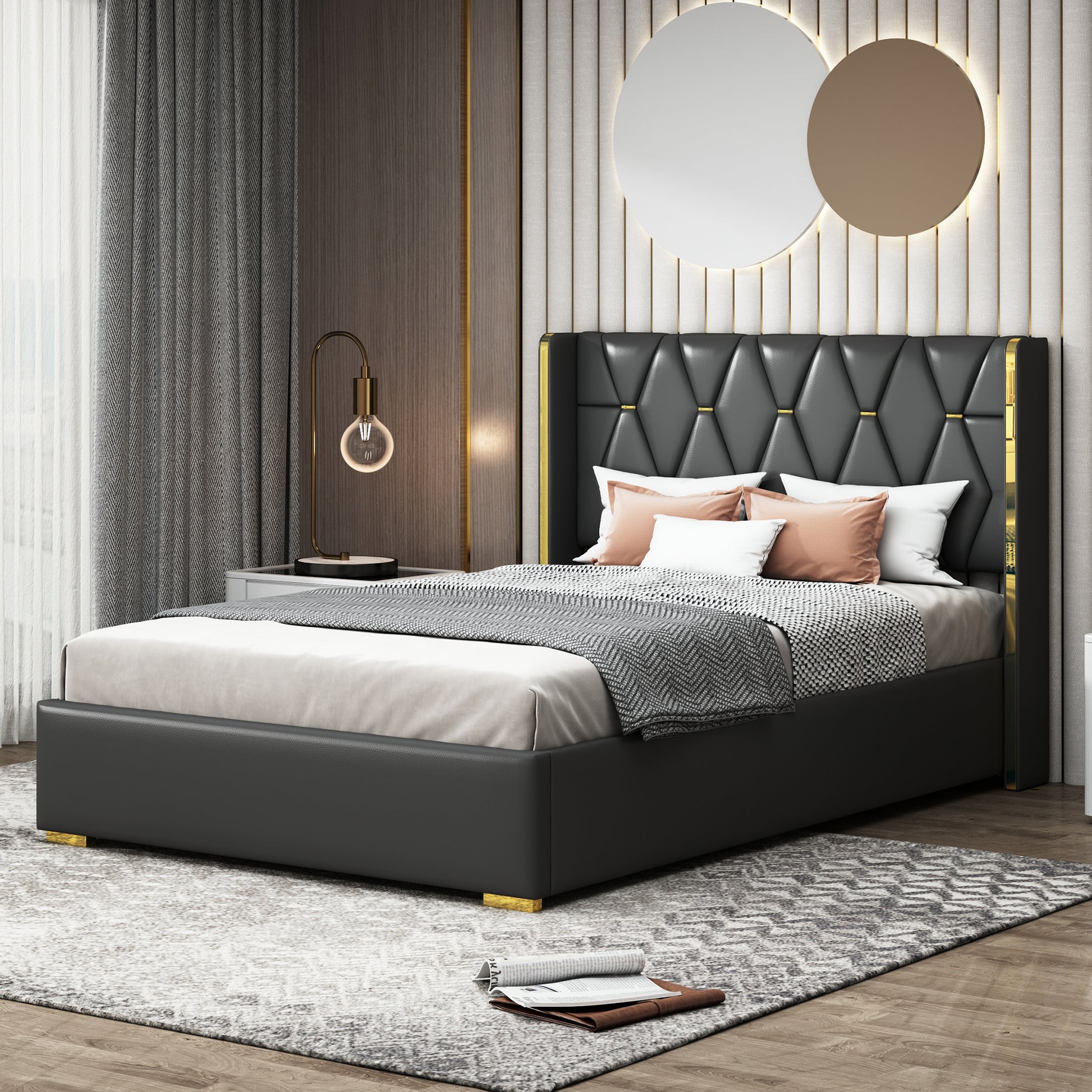 Full Size Upholstered Platform Bed With Metal Strips, Black Full Black Pu