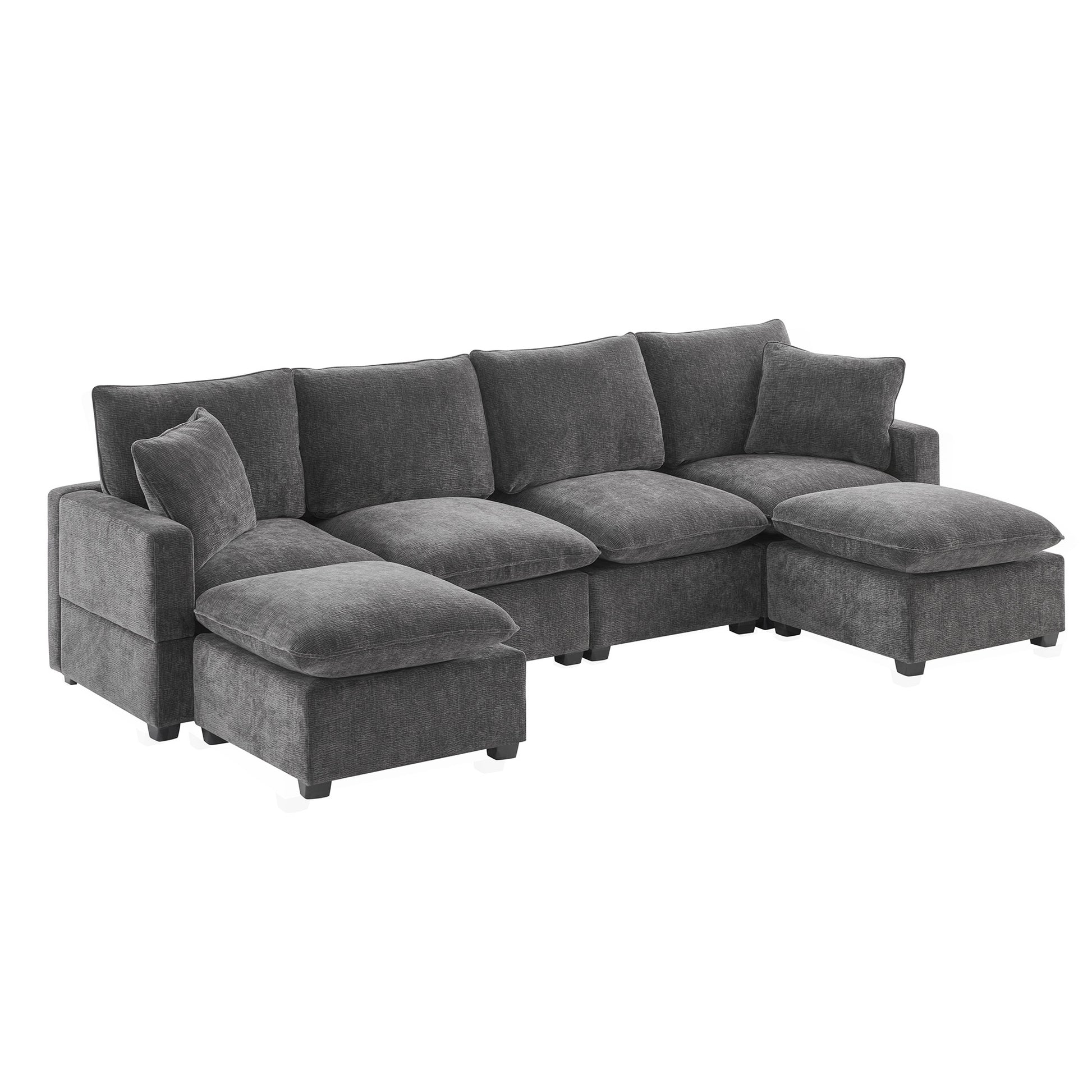 110*57" Modern U Shape Modular Sofa, 6 Seat Chenille Sectional Couch Set With 2 Pillows Included, Freely Combinable Indoor Funiture For Living Room, Apartment, Office, 2 Colors Black Grey Chenille 6 Seat