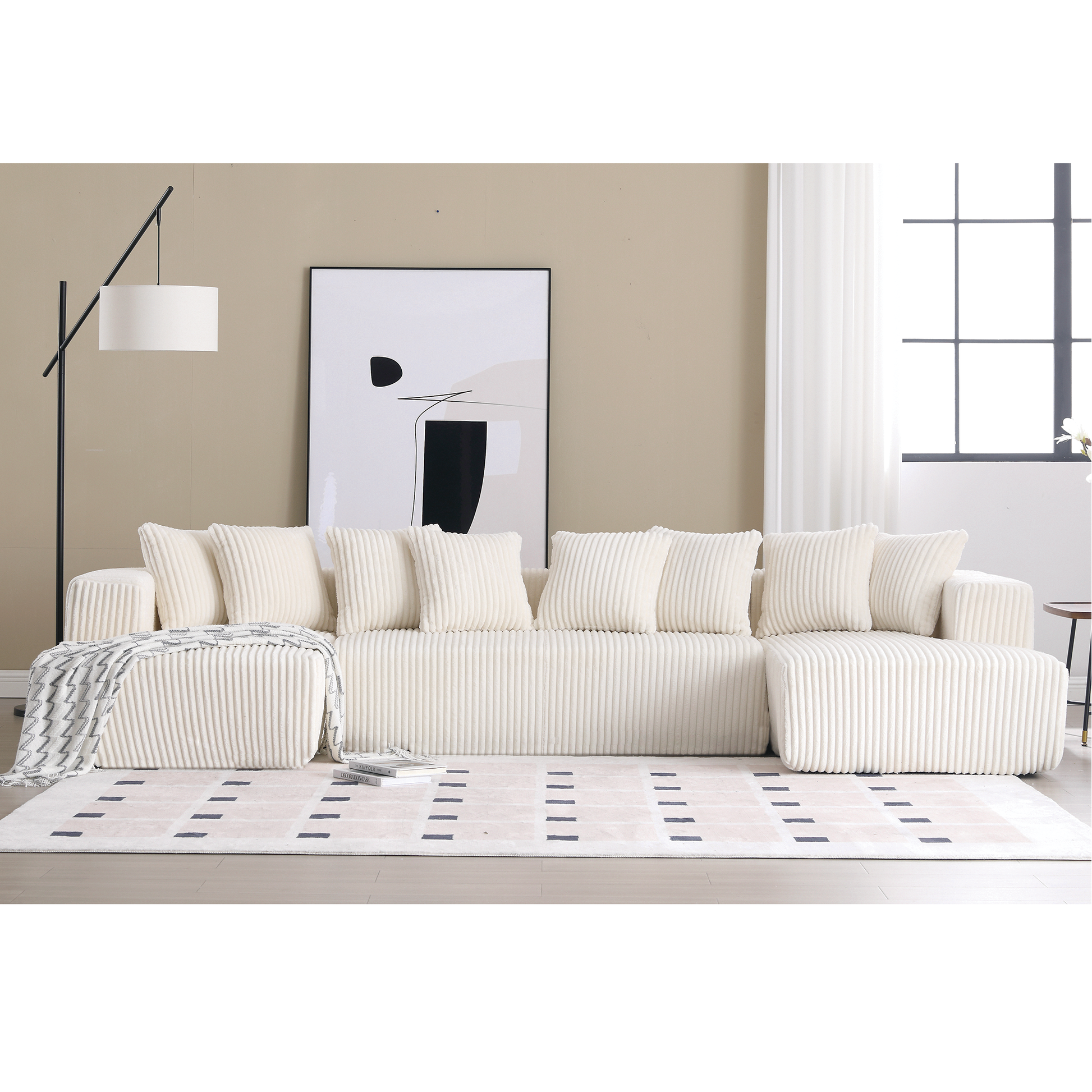 Arrived 131'' Modular Sectional Couch, U Shaped Sofachaise Lounge, Striped Fabric,Upholstered 4 Seater Couch For Living Room, Bedroom, Free Combination Sofa Corduroy ,White White Polyester Primary Living Space Soft Modern Square Arms Foam Upholstered 4
