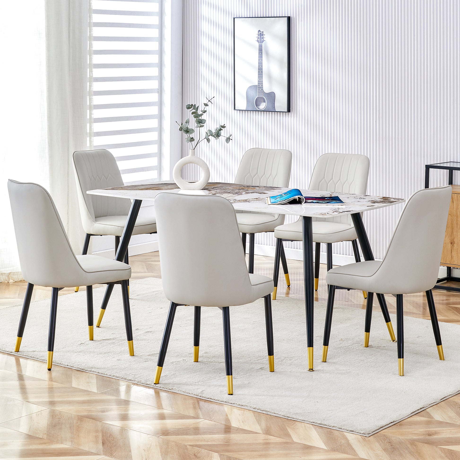 Modern Minimalist Dining Table. Imitation Marble Patterned Stone Burning Tabletop With Black Metal Legs.Modern Dining Chair With Pu Artificial Leather Backrest Cushion And Black Metal Legs.F 001 C 007 Grey Sintered Stone