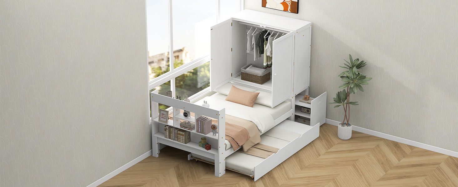 Twin Size Platform Bed With Storage Headboard And Footboard, Pull Out Shelves And Twin Size Trundle, White Box Spring Not Required Twin White Wood Bedroom Bed Frame Solid Wood Mdf